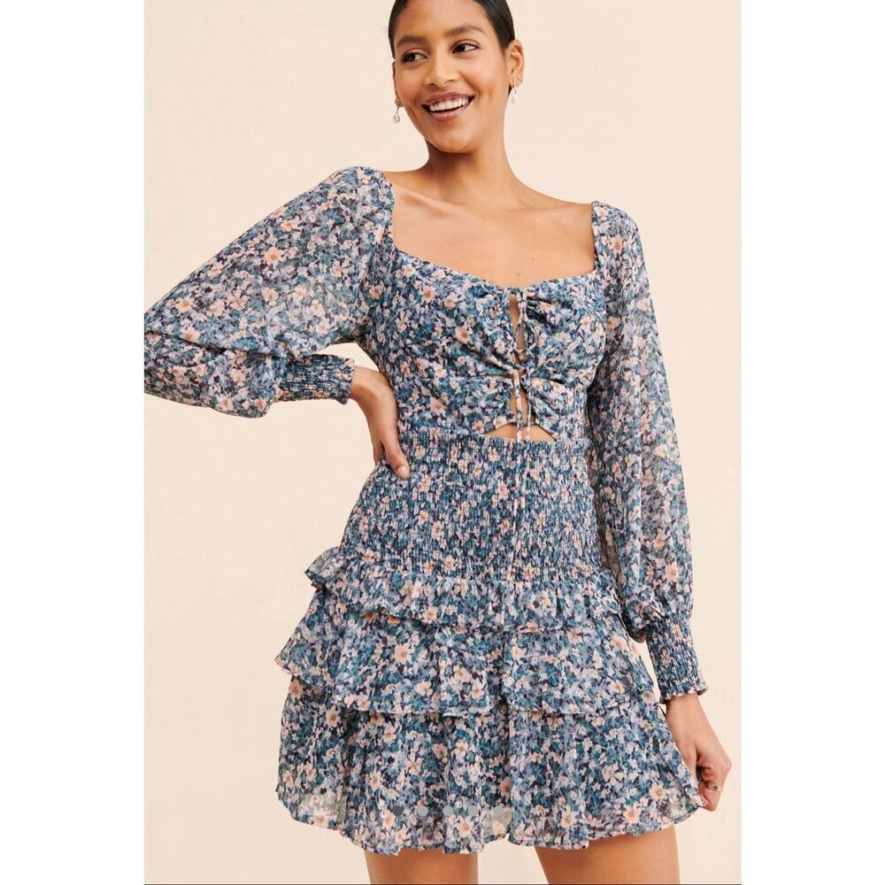 Anthropologie ASTR The Label Mini Dress Marietta Long Sleeve Blue Ditsy Floral s